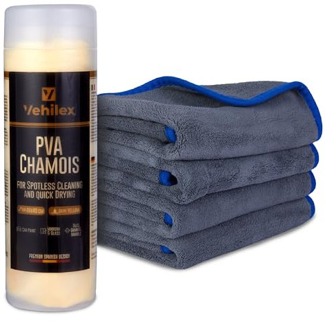 Vehilex | Gamuza de Secado para Coche y Moto | Microfibra Ultra Absorbente 600 gsm, Sin Pelusas, Suave y Duradera | Pack de1 Toalla XL 66x43cm + 4 Paños 40x40cm, Ideal para Lavado, Pulido y Detallado