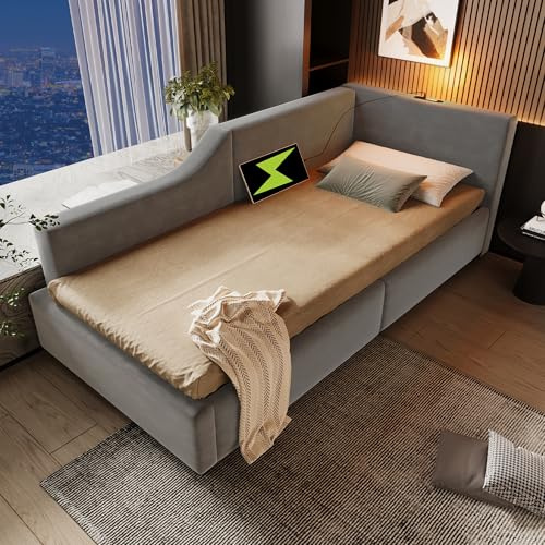 Huayz Polsterbett Tagesbett Daybett 90x200cm, Schlafsofa mit hydraulischem Stauraum, Leselichtfunktion und USB-C-Ladefunktion, Jugendbett Bettgestell, Samt (Grau, 90×200cm)