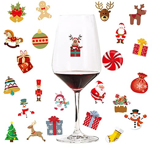 Furimuk Christmas Wine Glass Markers Champagne Cocktail Glass Drink Markers Goblet Static Cling Stickers Wine Charms Santa Elk Christmas Tree Bell Decorations for Wine Party Tags, L, pv, No Gemstone
