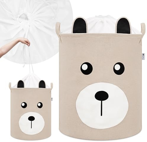 SIPO Spielzeugkorb XL 43L Beige mit Teddybär-Motiv Aufbewahrungskorb aus Baumwolle fürs Kinderzimmer für Kuscheltiere Bausteine Kinderkleidung Faltbar mit Kordelzug Griffen