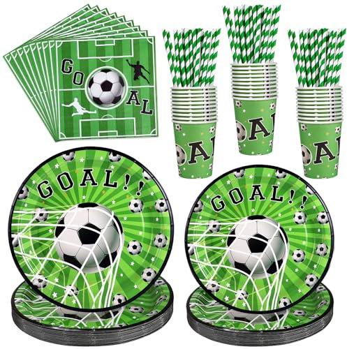 NatNarr Juego de 100 vajilla de fiesta de fútbol, decoración de cumpleaños, para niños, fútbol, cumpleaños, platos, vasos, servilletas, pajitas para 20 invitados