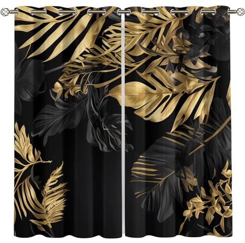 GSKOQD Vorhang Blickdicht Ösenschal Verdunkelungsvorhang 3D Digitaldruck Luxus-Kunstblätter Aus Schwarzem Gold Gardinen Kinderzimmer Wohnzimmer Thermovorhang Ösenvorhänge 2Er Set - 140X160Cm (B X H)