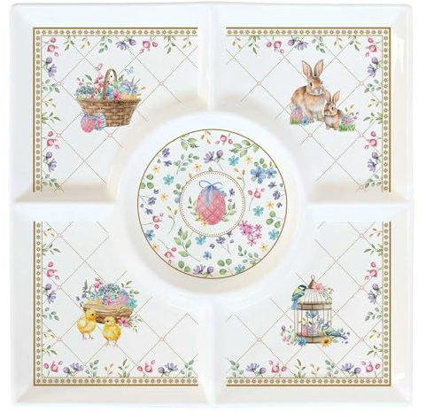 Easy Life Spring Bloom Dekorativer Teller mit Osterdesign, 25 x 25 cm, Weiß mit Blumenmuster und Hasen