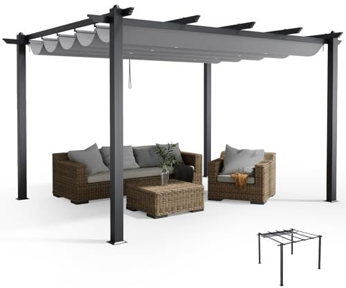 The Fellie 3M x 4M Aluminium Pergola with Retractable Roof, Outdoor Garden Gazebos Waterproof, Metal Pergola for Garden, Party, Patio, Light Grey