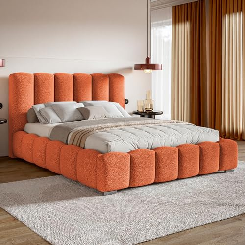 MOTIVENA Grand Bubble Bett 200x200 Orange Boucle, mit Stauraum, mit Kopfteil, mit Lattenrost, mit Füßen, ohne Matratze, Bubble Polsterbett 200x200 mit Bettkasten Orange