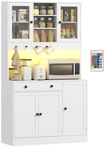 HOMCOM Armoire de Cuisine avec LED et multiprise, Buffet Cuisine Meuble de Rangement avec placards et tiroir, Portes vitrées, télécommande Inclus, pour Salle à Manger, Salon, 103x40x180cm, Blanc