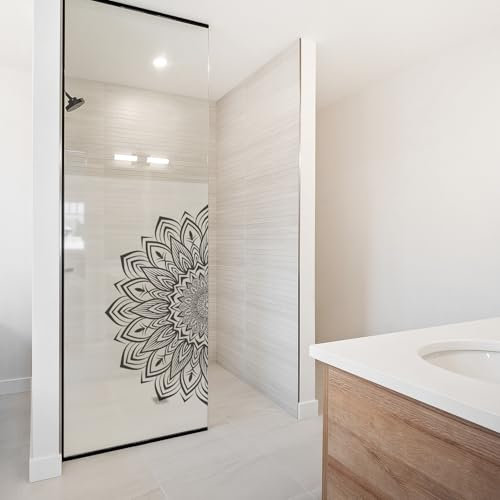 yabaduu Film adhésif pour cabine de douche, motif mandala, en verre dépoli, imperméable, autocollant et imperméable, motif de mandala, noir, 100 x 100 cm