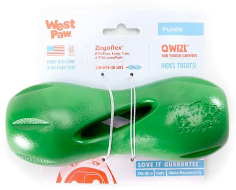 West Paw Qwizl Treat Dispensing Dog Toy for Tough Chewers- Durable Long Lasting Chew and Fetch Toy Keeps Dogs Engaged- Dishwasher Safe Safe Materials Made in USA - Clover Green, Large