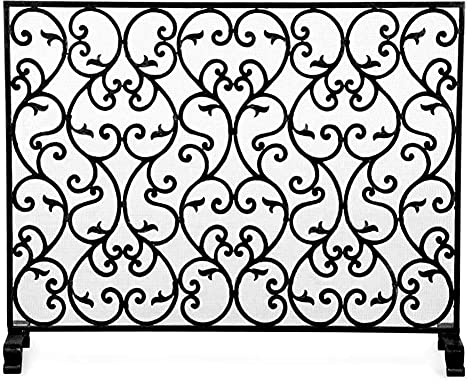Fireplace Screen Guard, Fireplace Spark Protection Flat Baby Safe Fire Screens Mesh, Iron Spark Guard, for Stove Flame Ember/Wood Burning, Decorative Scrollwork, 38×8×30.