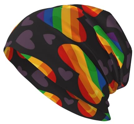 Poadnly LGBT Pride Gay Regenbogen Herz,Skull Cap Strickmütze Polyester Balaclava Slouchy Beanie Mütze Laufmütze