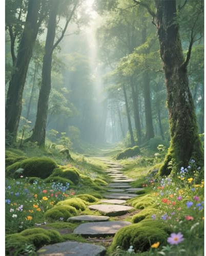 TDFERAN 5D Diamond Painting Landschaft Und Natur Baum Lebensbaum Diamond Painting Blumen Kleiner Pfad Sonnenlicht Malen Nach Zahlen Lebensbaum Blumen Diamant Malerei Bilder Landschaften 40x50cm