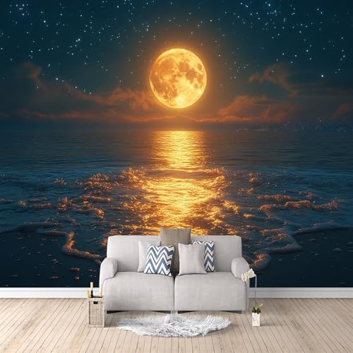 Vlies Fototapete Strand 300×256cm (BxH) - Foto Tapete Schlafzimmer Wohnzimmer Nachthimmel Mond Strandlandschaft Fototapeten XXL Wandtapete Motivtapeten Bildtapete 3D Effekt Wand Dekoration