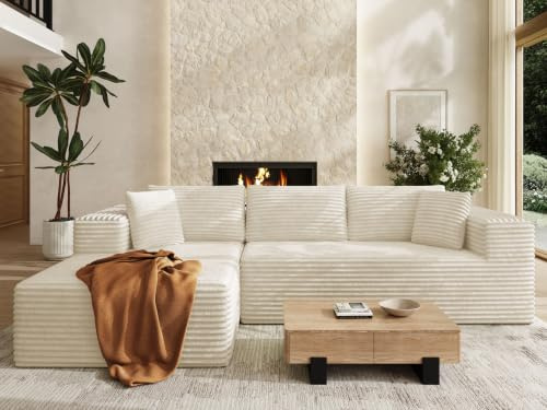 Txtin's Ecksofa 3-Sitzer Modulares Sofa, L-Form Sofa aus Cord 261cm, Boneless Cloud Couch, Keine Montage Erforderlich, Sektionssofas mit Schlaffunktion, 261 x 146 x 80 cm, Beige