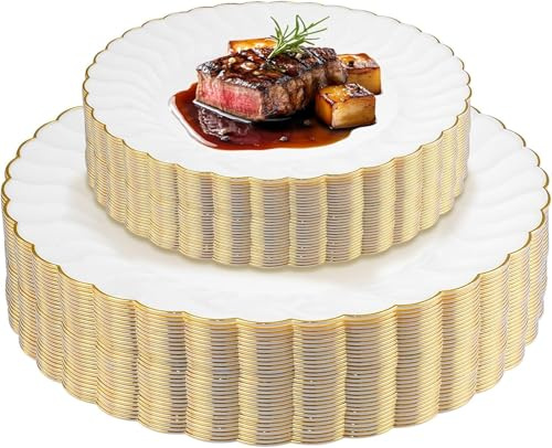 KDXBQ 60 Pcs Plastic Plates Disposable 25cm Plastic Dinner Plates & 20cm Dessert Plates, Elegant Gold Rimmed Party Plate Bulk for Wedding Birthday Thanksgiving Halloween Shower Gatherings