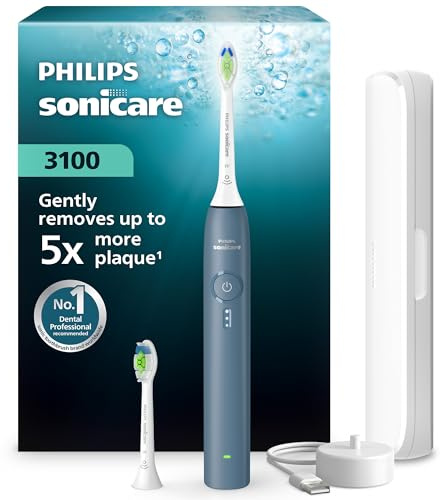 Philips Sonicare Series 3100 Elektrische Zahnbürste –Schallzahnbürste mit Drucksensor, 3 Intensitätsstufen, EasyStart, SmarTimer, 14 Tage Laufzeit, Reiseetui, Dunkelblau, HX4034/24, [Neu]