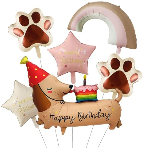 ALEGRE® Dackel Luftballon Hund, 6 Stück Hunde Geburtstag Deko mit Ballon Hund und Regenbogen Folienballon, Dackel Deko, Geburtstagsdeko Hunde für Geburtstag, Babyshower, Tiere Thema Party Dekoration