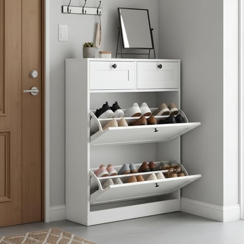 GOKHOMX Schuhschrank Schmal mit 2 Klappen & 2 Schubladen, Schuhregal Schuhkipper Schmal mit verstellbaren Trennwände, Schuhkommode Weiß für Flur Eingang und Wohnzimmer, 80x24x100 cm, Weiß