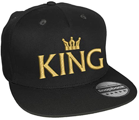 Snapback Basecap Bestickt mit Motiv Krone | King & Queen in Goldener Schrift Stickerei Partner-Cap für Sie & Ihn (King)