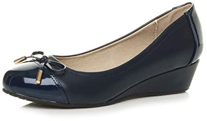 AJVANI Low mid Heel Wedge Bow Smart Dolly Ballerina Court Shoes Size 4 37 Navy