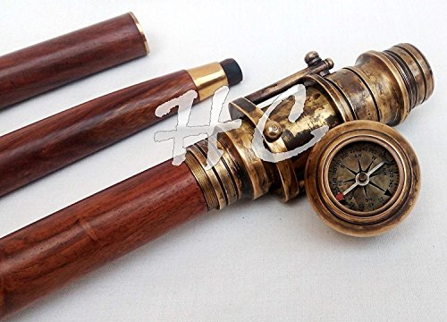 Gehstock aus Messing mit Kompassgriff, Vintage, Holz, volle Länge, zusammenklappbar, Antik-Messing-Teleskop auf Griff, Gehstöcke, Zubehör