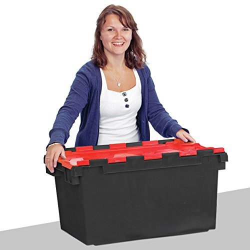 Plastor Large Plastic 80 Litre Heavy Duty Storage Boxes (71 x 46 x 36.8cm) Black and Red LC3 Crates with Attached Hinged Lids (x1)