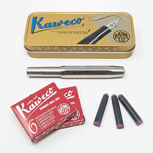 Kaweco Sport Füllhalter für Patronen aus Edelstahl achteckig | Füller mit Feder M Set mit Füller Patronen | 12 Patronen Tinte in Rot GRATIS