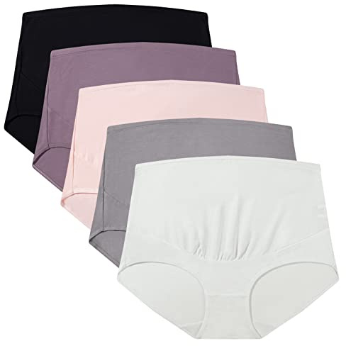 Mama Cotton Women’s Over The Bump Maternity Panties High Waist Full Coverage Pregnancy Underwear Adjustable Waistband (Multicolor D 5 Pack, Size-L)