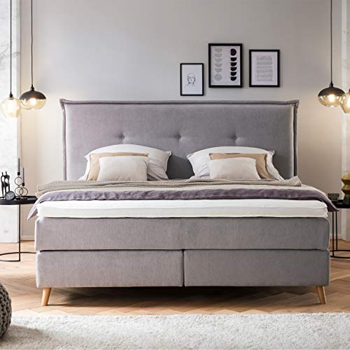 Möbelfreude Doluna Aurel Boxspringbett 180x200 cm Hellgrau H2/H3 | 7-Zonen Tonnentaschenfederkern Matratze & Visko-Topper mit Klimaband | Kopfteil mit umlaufender Keder | Made in Germany