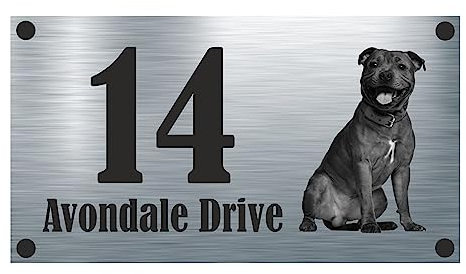 Dog Collection - Staffie Aluminium House Sign Personalised With Your House Name/Number & Street Name - Staffordshire Bull Terrier/Staffy