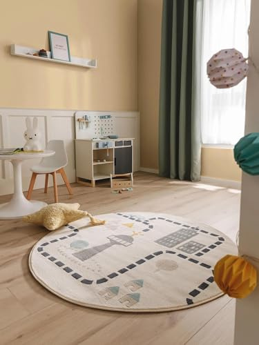 benuta lytte Kinderteppich Juno - Kunstfaser - Rund - Pflegeleicht für Kinderzimmer, Beige, ø 120 cm rund