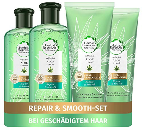 Herbal Essences Pure: Renew Hair Care Set: 2 x Repair & Smooth, Sulphate-free Shampoo 225 ml + 2 x Conditioner 180 ml, with Aloe Vera + Hemp, Women's Shampoo, No Silicone, Cruelty Free