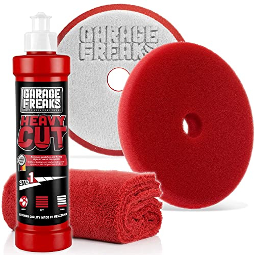 Garage Freaks - Step 1 - Heavy Cut Set Heavy Cut Schleifpolitur 250ml Heavy Cut Foam Pad + Edgeless Superflausch Mikrofaser Poliertuch 40x40cm, 550GSM