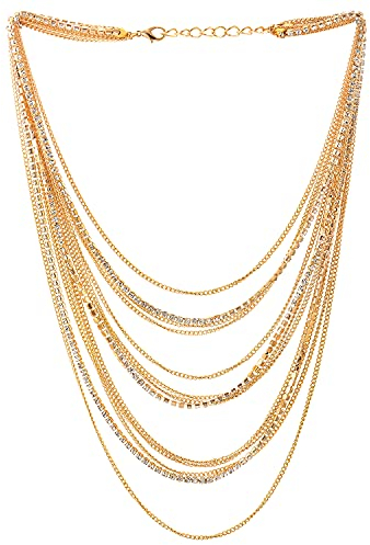 Colore Oro Cascata Multi Strati Catena Statement Collare Pendente con Collana con Strass Catena Abito da Sera