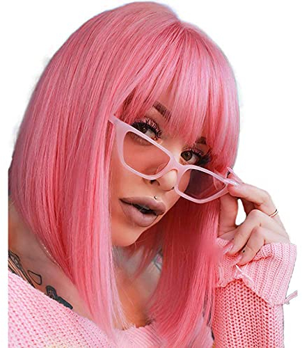 Perücke Bob Rosa mit Pony für Damen Mädchen Kurze Gerade Bunte Synthetische Cosplay Tägliche Perücke für Frauen Pink Wig 002W