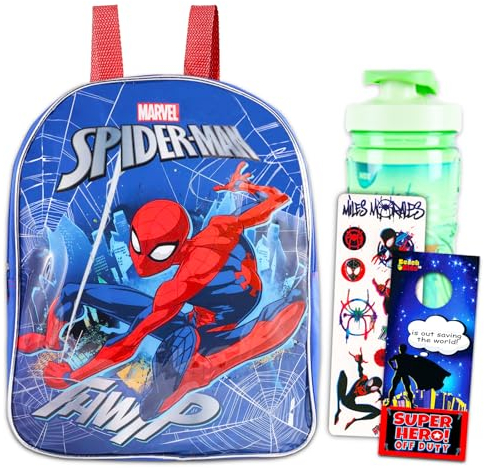 Marvel Spiderman Backpack for Kids School - Bundle with Ultimate Spiderman Backpack, Water Pouch, Spiderverse Stickers and More (Superhero Backpacks for Boys)