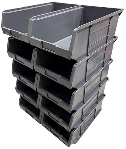 10 x XL4 Size 4 Small Parts Plastic Open Fronted Storage Stackable Bins 9 Litre Linbin Order Picking Stacking Boxes (Pack of 10) (Grey)