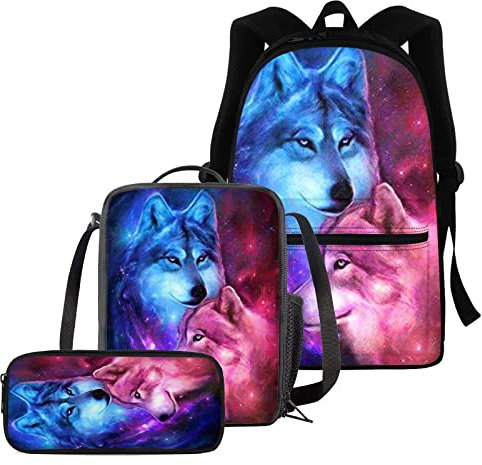 chaqlin Ensemble sac à dos 3 en 1 pour garçons et filles, sac à dos décontracté + boîte à déjeuner thermique + trousse à crayons, Loup rose bleu, Sac à dos enfant
