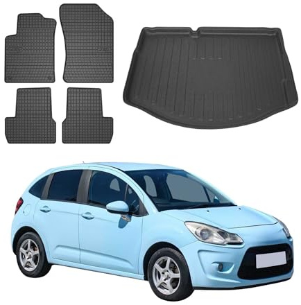 OMAC Fußmatten Kofferraumwanne für Citroen C3 Schrägheck 2009-2016 Gummi 5X | inkl. Kofferraumwanne (Satz), Gummimatten, Automatten, Allwetter, Antirutsch, fahrzeugspezifisches Produkt, wasserdicht