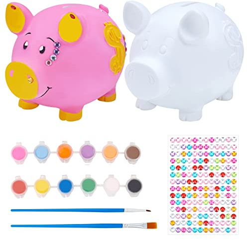 WEBEEDY 2er-Set Spardose Keramik Spardosen Schweinchen Münze Sparschwein inkl. 12 Farben und Pinseln -Bastelspaß Kreatives Porzellan-Bastelset für Erwachsene