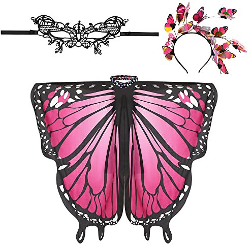 EMAGEREN Damen Schmetterling Kostüm Schmetterlingsflügel Faschingkostüme Schmetterling Kostüm Schal Poncho mit Damen Spitze Maske, Schmetterling Haarreif für Party Weihnachten Kostüm Cosplay