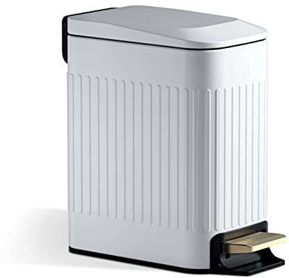 CEROELDA Small Bathroom Trash Can with Lid Soft Close-5L/1.3 Gal Slim Garbage Can-Metal Step Wastebasket-Rectangle Narrow Waste Bin for Office, Bedroom, Toilet, Live Room (Embossed-White)
