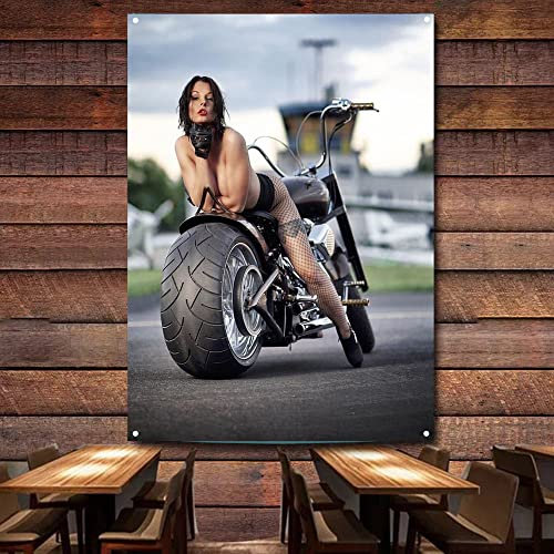 Retro Motorrad Banner Flagge Sexy High Heels Babes Werkstatt Garage Poster Wandkunst Dekor Tapisserie Vintage Schild Mann Höhle Pub Club 96 x 144 cm W4