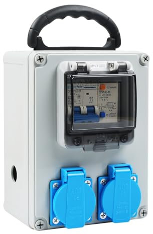 MaxEarn 2 x AC Schuko Stecker Baustromverteiler, Stromverteiler 16A 250V 2P Gehäuse IP67 / Steckdose IP44 Wasserdicht, Wandverteiler mit FI Schalter für Draußen Bauwesen Industriell