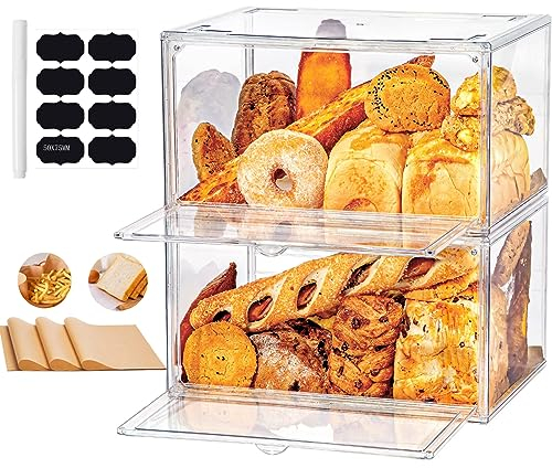 Wuciray Large Clear Bread Bin Large Double Decker Plastic Clear Bread Box Acrylic Bread Storage Containers Large Bread Bin with 50 Bread Paper for Kitchen Countertop Keeps Bread Bagels and Rolls