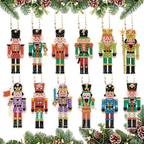 BETESSIN 12Pcs 5D Weihnachten Diamant Painting Schlüsselanhänger Christmas Diamond Painting Bilder Anhänger Doppelseitige Diamant Malerei Schlüsselbund DIY Weihnachtsdeko Geschenk Charms D
