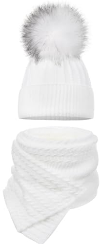 Majka® Wintermütze Damen Mütze Schal Set Winter Wollmütze Strickmütze Damenmütze Bommelmütze Haube Fellbommel Mützen Strick Beanie Bommel Slouch Hergestellt in EU (Weiß)