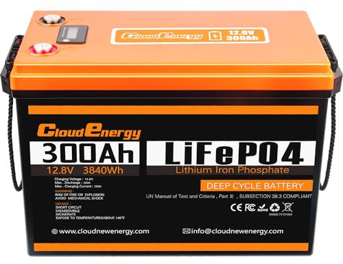 Cloudenergy 12V 300Ah LiFePO4 Batterie Lithium avec BMS intégré 200A, capacité 3840Wh, Max 6000+ Cycles Profonds, durée de Vie de 10 Ans, idéale pour Les systèmes Hors réseau, VR et solaires.…