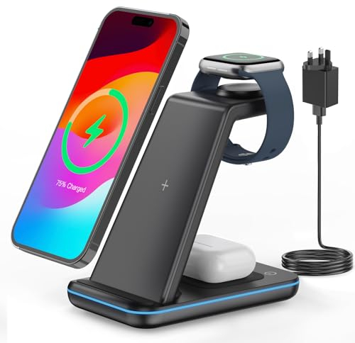 3 in 1 Wireless Charger for iPhone, CIYOYO Wireless Charging Station for iPhone 16/15/14/13/12/Pro Max/X/8,18W Fast Charger stand for Apple Watch10-1series and AirPods 4/3/2/2/Pro, with Adapter, Black