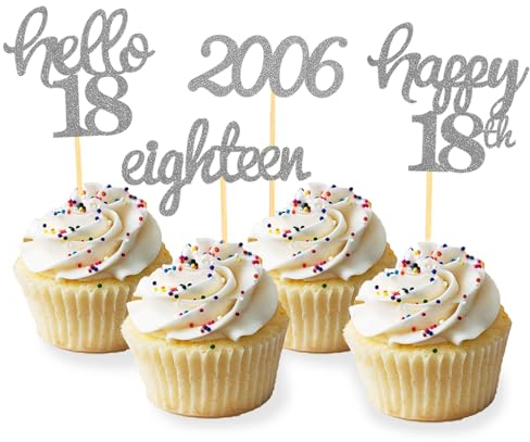 24 Pcs Glitter 18th Birthday Cupcake Toppers for Celebrating 18th Birthday Party Decorations for Eighteen Years Old Birthday Party Supplies (Silver)