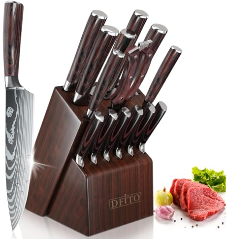 Dfito Juego de cuchillos de cocina con portacuchillos,15 piezas Juego de cuchillos de cocina con portacuchillos con 12 cuchillos de cocina, tijeras, afilador de cuchillos y portacuchillos